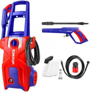 Nettoyeur haute pression filaire 1800W EMTOP moteur brushless 150 bar Système d’arrêt automatique avec 1 bouteille de savon 1 set de pistolet de pulvérisation d'eau + tuyau haute pression de 5 m