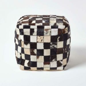 Pouf carré en cuir motifs à carreaux marron 36 x 36 x 38 cm - Marron - Homescapes