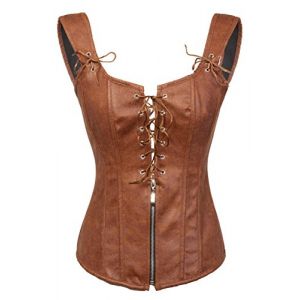 Bslingerie femmes Noir Cuir synthétique Overbust Corset avec Thong (M - EU 36-38, Brun)