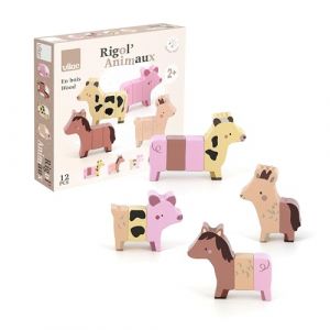 Vilac Rigol'animos Ferme - Sarah Betz - Jouet Premier Age - 4 Animaux de la Ferme aimantés en Bois à Recomposer (12 pièces au Total) - Dès 2 Ans - 7116