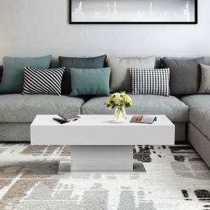 Table basse 110x60x40 cm blanche en panneau de particules avec 2 compartiments de rangement sous le plateau coulissant ML-Design