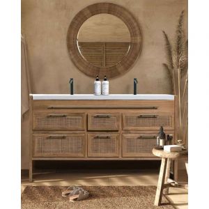 Sahara - Meuble salle de bain en teck et terazzo beige 145 cm