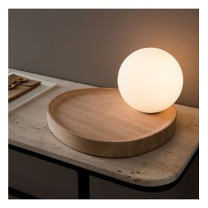 Lampe à poser, globe opaline/chêne, Hannasta