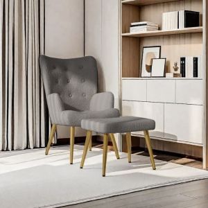 Fauteuil scandinave avec repose pieds - Fauteuil individuel relax en laine de mouton - 99.5x68x47cm Gris Foncé