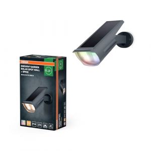 Osram Spot solaire RGB & blanc chaud avec piquet et support mural, capteur de lumière du jour, protection IP44, spot solaire pour jardin et terrasse