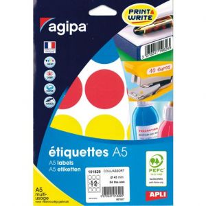 Agipa 101829 - 84 étiquettes coloris assortis multi-usage, diamètre 45 mm (7 feuilles A5 / cdt)
