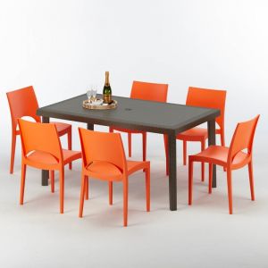 Grand Soleil Table rectangulaire 6 chaises Poly rotin resine 150x90 marron | Paris orange