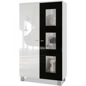 Image de Vitrine Armoire haute Commode Denjo en Blanc mat - haute brillance - Porte en Noir haute brillance sans éclairage led - Porte en Noir haute brillance