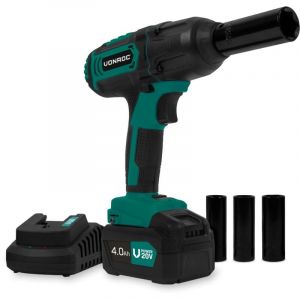 VONROC Clé à chocs à batterie 20V - 4 positions : 100/200/300/400Nm - 4 capuchons d'écrou inclus - convient pour changer les boulons et les écrous de roue - Batterie 4.0Ah et chargeur rapide inclus