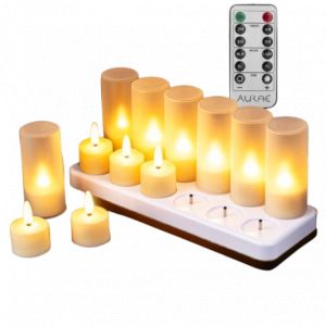 Aurae Rechargeable Led Tea Lights 12x - Bougies &agrave; th&eacute; avec t&eacute;l&eacute;commande - Flamme vacillante - Blanc chaud - &Oslash;5.5x3.9 cm - Station de recharge incluse