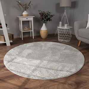 Paco Home Tapis De Salon Fausse Fourrure Peluche Tapis Shaggy Long Lavable, Dimension:100 cm Rond, Couleur:Gris