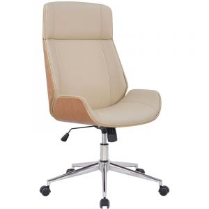 Image de Décoshop26 Fauteuil de bureau dossier haut avec roulettes similicuir crème et bois clair hauteur réglable BUR10458