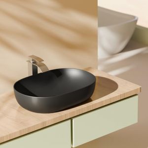 Image de EMKE Lavabo, Lavabo Ovale à Poser, 60 x 41 x 13 cm, Noir Mat, Facile à Installer & à Nettoyer, Lavabo Résistant aux Rayures pour Salle de Bain, Meuble Vasque pour Salle de Bain & WC Invités