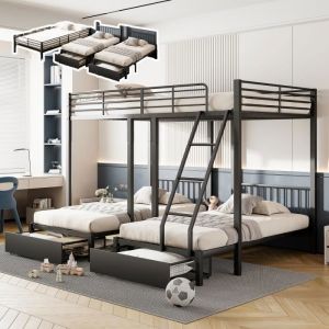 Lit superpos&eacute; triple - Convertible en lit double 140x200 - Avec tiroirs - M&eacute;tal noir - 3 places