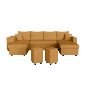 Loungitude Canapé panoramique avec 2 poufs gauche en velours côtelé - Jaune