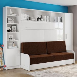 Image de Inside75 Composition lit escamotable VERTIGO SOFA accoudoirs façade blanc brillant canapé marron 160*200 L:315 - blanc