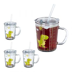 Relaxdays Tasse enfant, lot de 4, motif dinosaure, verre avec poignée, couvercle et paille, échelle 400 ml, transparent