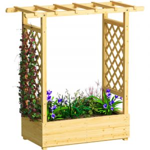 Outsunny Jardini&egrave;re sur&eacute;lev&eacute;e - avec treillis lat&eacute;ral et sup&eacute;rieur, trous de drainage - pour plantes grimpantes - bois naturel