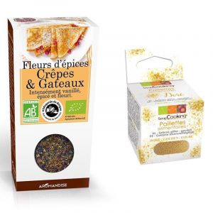 Aromandise Fleurs d'&eacute;pices Cr&ecirc;pes et g&acirc;teaux + paillettes comestibles dor&eacute;es