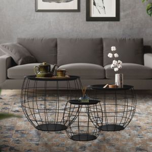 Ml-design - Lot 3x Tables d'Appoint, Ronde, Noir, Corbeilles Métalliques, Table Basse 3 Tailles Ø31 cm/Ø38 cm/Ø47 cm, Plateau Amovible, Espace de