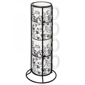 Lot de 4 Mugs sur Rack White Floral 32cm Blanc