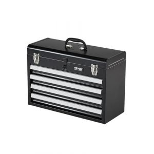 VEVOR Boîte à Outils Métal, 520 mm, Caisse à Outils Acier Portable avec 4 Tiroirs Coulissants Roulement à Billes, Petit Coffre à Outillage Multifonction, Doublure EVA, Finition Revêtement Poudre, Noir