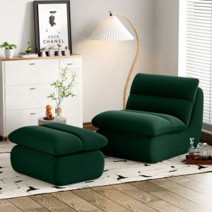 Okwish - Canapé paresseux avec repose-pieds, dossier et coussin d'assise amovibles, pour chambre à coucher, salon, velours côtelé, vert