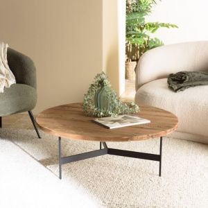 Macabane DANDY - Table basse ronde 90x90cm bois Pin recyclé et pieds métal noir