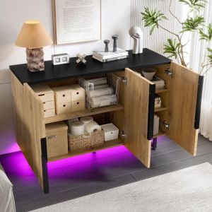 Buffet bas 120x40x80 cm Moderne r&eacute;tro bois et m&eacute;tal avec &eacute;clairage LED int&eacute;gr&eacute; naturel