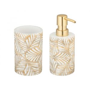 Wenko Lot porte-brosse à dents et distributeur de savon 490ml rechargeable Surface motif feuilles dorées, Polyrésine, 9x16cm et 7x10,7cm, Beige et Or