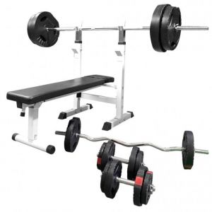 Gorilla Sports Banc de musculation avec set d'haltères en plastique de 100 kg Blanc