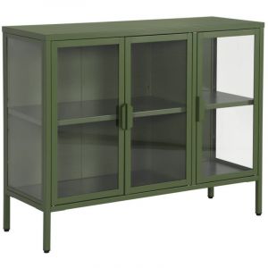 Buffet industriel m&eacute;tal et verre tremp&eacute; 3 portes 100cm vert - Arkansas