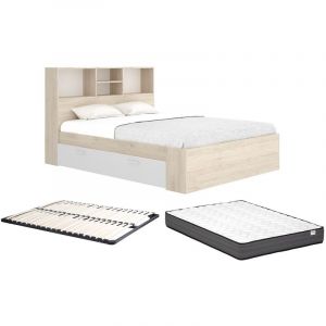 Lit 140 x 190 cm avec rangements - Coloris : Naturel et blanc + Sommier + Matelas - VARDIEL