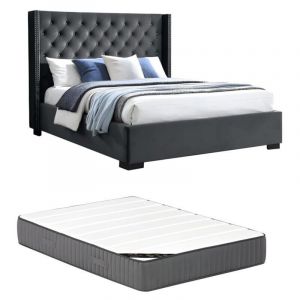 Lit avec tête de lit capitonnée - 160 x 200 cm - Velours - Gris + Matelas - MASSIMO II