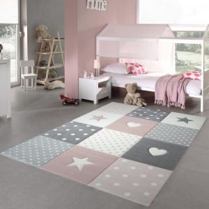 Tapis enfant TEPPICH-TRAUM - Coeur d&eacute;toile rose blanc gris - 120 cm Rond - Certifi&eacute; Oeko-Tex - Hypoallerg&eacute;nique