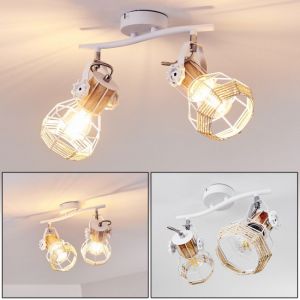 Hofstein Plafonnier Barbacena en bois, métal blanc et corde, 2 élégants spots de plafond pivotants, idéals dans un salon vintage, pour 2 ampoules E27 max. 40 Watt, compatible ampoules LED