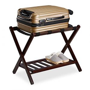 Relaxdays Porte-valise pliant, bois, H x L x P : 54,5 x 66 x 44,5 cm, 2 étagères, repose bagages hôtel, marron