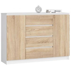 Akord - Commode K140 Blanche 138 cm 2 portes 4 tiroirs façade Chêne Sonoma 4 étagères 138x40x99 cm