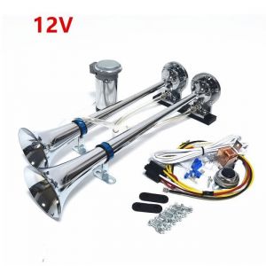 YIYIDA Klaxon de camion Klaxon pneumatique 12V Klaxon de voiture argent 165db Corne de trompette à double tube Klaxon à air