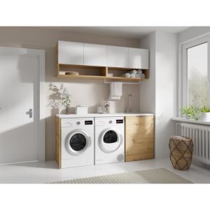 Meubles de buanderie pour machine à laver avec plan de travail - L182 cm - Blanc et naturel clair - NATAJI
