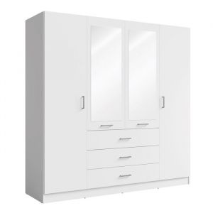 Armoire KALISTA 200 cm blanc mat – 4 portes battantes, 2 miroirs, 3 tiroirs