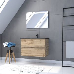 Aurlane Meuble salle de bain 80x54 - Finition chene naturel + vasque noire + miroir Led - TIMBER 80 - Pack12