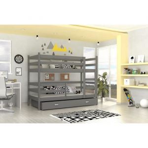 LIT SUPERPOSÉ MILO 190x90 GRIS livré avec tiroir, 2 sommiers et 2 matelas en mousse de 7cm OFFERTS