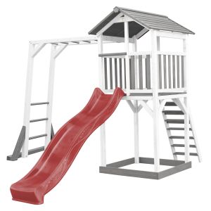 Axi Beach Tower Aire de Jeux avec Toboggan en Rouge, Cadre d'escalade & Bac à Sable Grande Maison Enfant extérieur en Gris & Blanc Cabane de Jeu en Bois