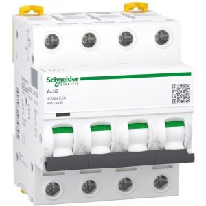 Schneider Electric A9f74450 - Disjoncteur Tétrapolaire 4p 50a Courbe c - 4 Modules - 10ka Acti9 Ic60n