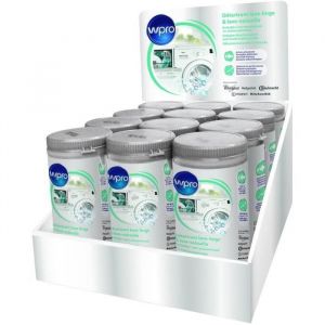 Wpro Box carton PLV avec 12 flacons de poudre d&eacute;tartrante pour lave linge et lave vaisselle