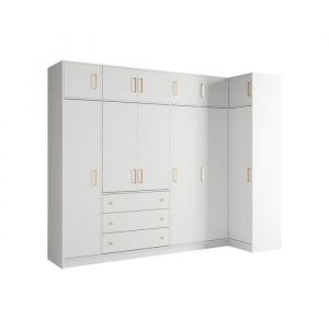 Armoire dangle 6 portes et 3 tiroirs - L311 cm - Blanc + Réhausses - LIZANDRO