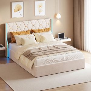 Lit coffre 140x190 cm - Velours beige - Eclairage LED - Rangement hydraulique - 2 places