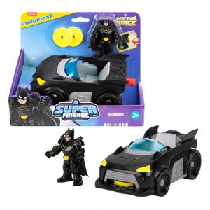 Fisher-Price Imaginext Coffret Batmobile Metal Force DC Super Friends avec v&eacute;hicule, Figurine articul&eacute;e Batman de 7,5 cm et Accessoires, Lanceur et 2 disques Inclus, JFJ68