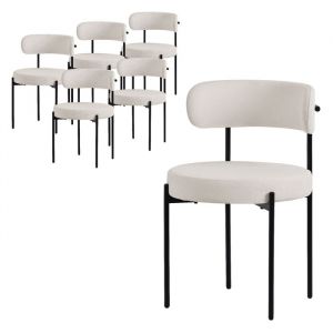 Lot de 6 Chaises de Salle &agrave; Manger, en Tissu Teddy Polyester, Blanc, avec Dossier, Chaise Ronde Rembourr&eacute;e avec Pieds M&eacute;talliques Noirs, Fauteuil